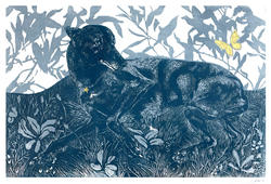 Student work by Illustration student Matteo Mastrangelo of a dog lying in the grass looking at a butterfly.