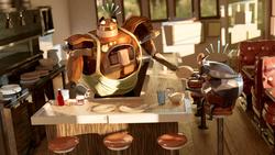 Student work by Illustration alum Sophia Spagna of a restaurant with a robot worker.