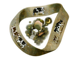Student work by Illustration alum Xinyi Liu of a loop with several cows on it around a house.