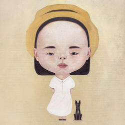 Student work by Illustration student Xuan Chen of a person in a hat and white dress with a small black animal next to them.