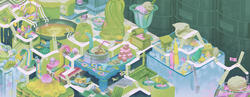 Student work by Illustration graduate student Yuanhui Li of a spread of interactive food in blue, green, pink and yellow tones.