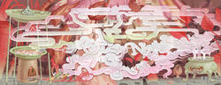 Student work by Illustration graduate student Yuanhui Li of an abstract scene with green items producing steam that forms jumbled characters in pink tones..