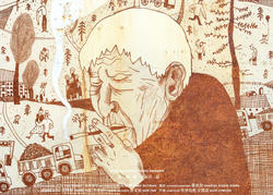 Student work by Illustration alum Ziruo Wang of a person smoking in front of a background scene with trucks and trees and people doing various activities.