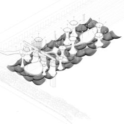Student work by Architecture graduate alum Isabella Ruggiero of a black and white diagram composed of various shapes and support structures.
