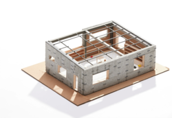 Student work by Architecture alum Jichen Zou of a gray model structure with a slanted roof.