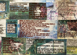 a textile made from several patches that include messages lettered in many colors