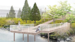 Student work by Landscape Architecture graduate alums Erqi Meng, Pan Chen and Siqi Rao of a walkway through a natural setting with trees and water.