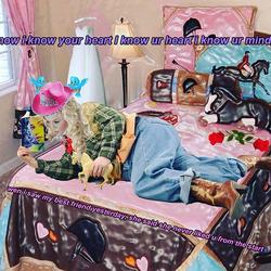 a digital collage of a person lying on a pink, wax-textured bed comforter with two lines of text running on top of the image
