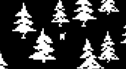 a digital image of pixelated white pine trees against a stark black background