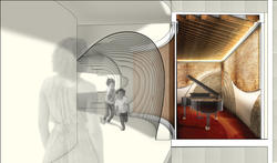 Student work by Interior Architecture student Holden Rappuhn of an abstract interior space featuring a grand piano.