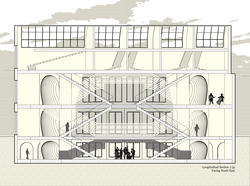 Student work by Interior Architecture student Holden Rappuhn of a multi-level building with a band in the entryway.