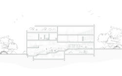 Student work by Interior Architecture student Patharin (Minnie) Suponthana of a multi-level building on a grey and white background with trees on either side.