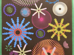 Student work by Graphic Design student Elliott Romano of colorful shapes in various patterns on a dark background.
