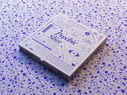Student work by Graphic Design graduate alum Michele Belgrod of a fortune telling game design "Psychic Slice" in purple packaging.