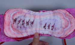 An artist book shaped like a menstrual pad with writing on it