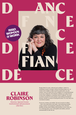 Claire Robinson surrounded by letterforms spelling the word DEFIANCE