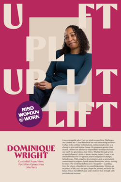 Dominique Wright surrounded by letterforms spelling the word UPLIFT
