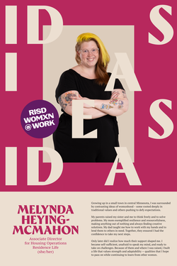 Melynda Heying-McMahon surrounded by letterforms spelling the word IDEAS