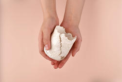 A white hollow object with a crack in the front is held by two hands.
