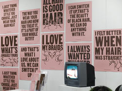 Graphic Design student work by Aniyah Lee of a set of light pink posters with messages that all hair is good hair.