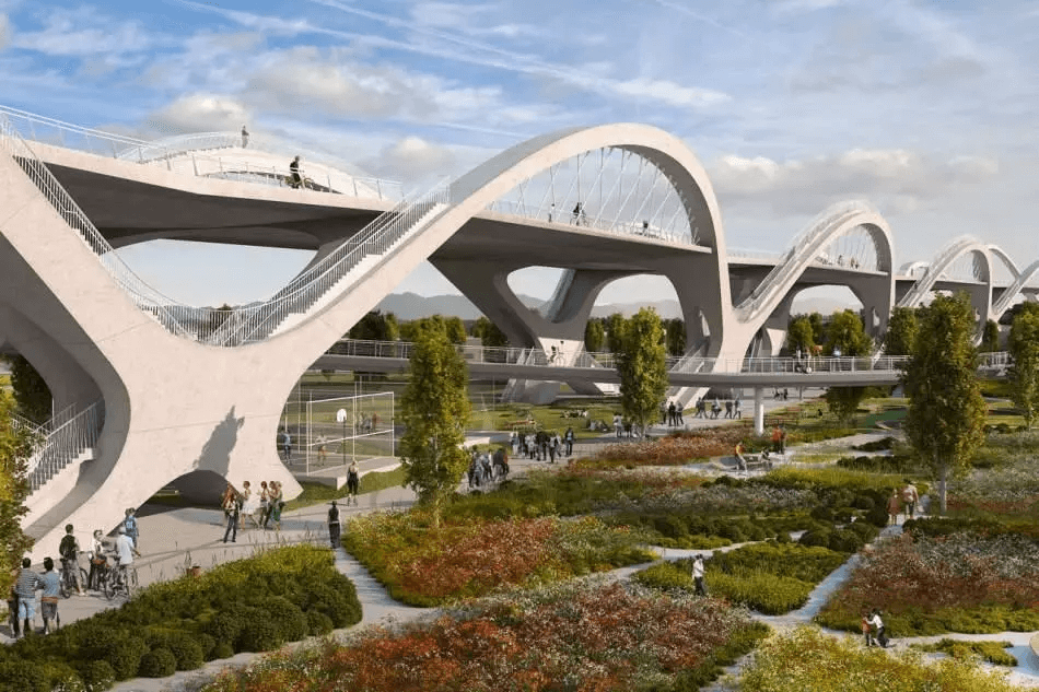 Michael Maltzan - Architectural rendering of the Sixth Street Bridge which is made up of a series of arches over the Los Angeles river.